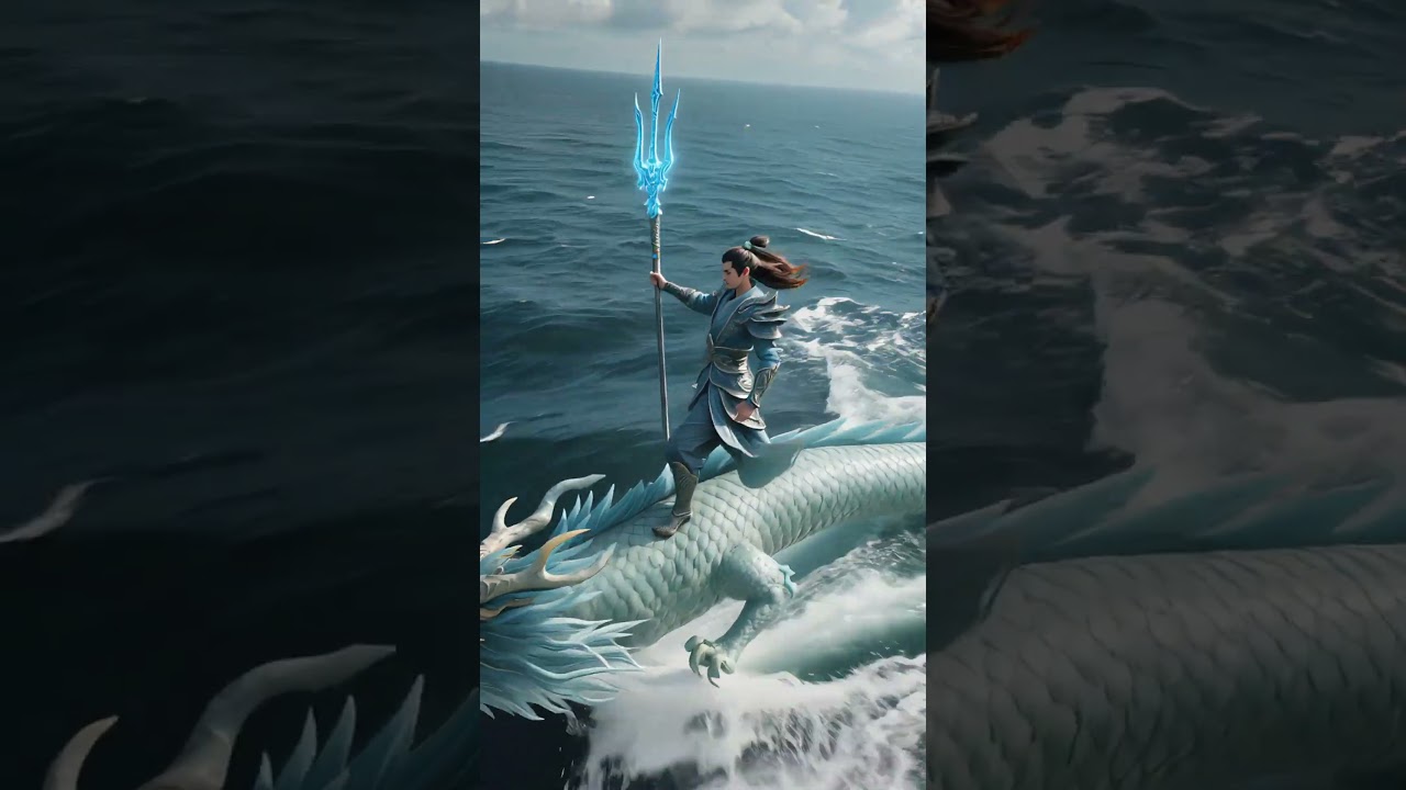 A huge divine dragon is speeding wildly over the sea.